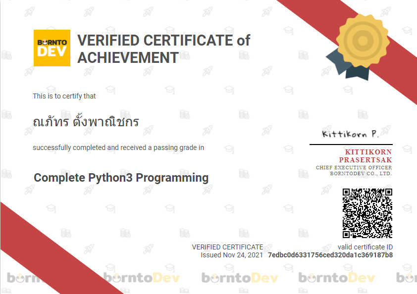 Complete Python3 Programming certificate from BorntoDev